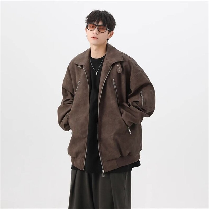 733-P60美式复古翻领PU皮衣外套男春季高级感潮牌宽松机车，男装皮衣，电商B323A