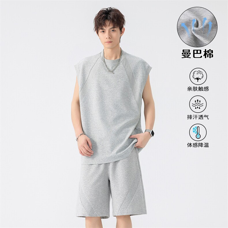 特批P55无差价25夏季港风曼巴棉大码背心短裤男套装T5099+DK5849，男装休闲套装，电商A001-1