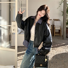 设计感假两件格纹拼接皮衣短外套女2026春季新款宽松休闲显瘦夹克，女装皮衣，艾米莉亚