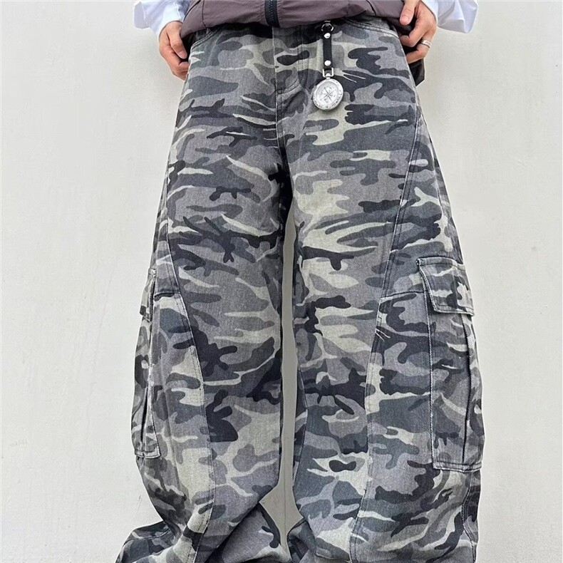 美式弯刀廓形多口袋男女拖地垂感水洗显瘦迷彩阔腿裤AM1056P59,男装休闲裤,星座1013-5