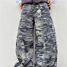 美式弯刀廓形多口袋男女拖地垂感水洗显瘦迷彩阔腿裤AM1056P59，男装休闲裤，星座1013-5