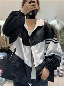 2022年春季新款潮拼接撞色抽绳宽松拉链开衫洋气外套图片