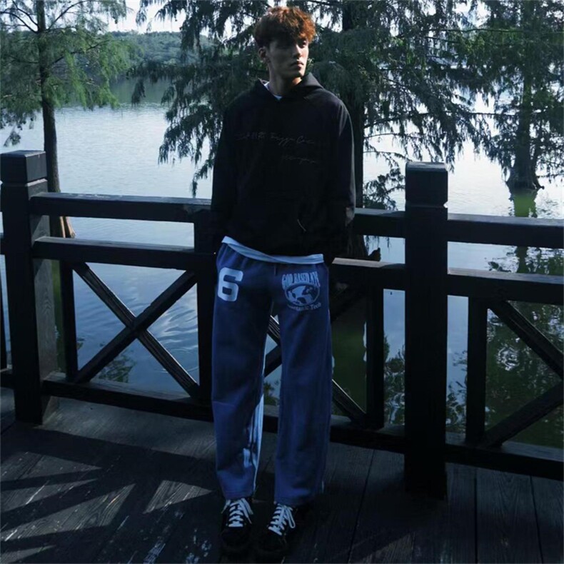 美式字母蓝色卫裤男女网红洋气宽松显瘦直筒阔腿休闲裤,男装休闲裤,四季星座505