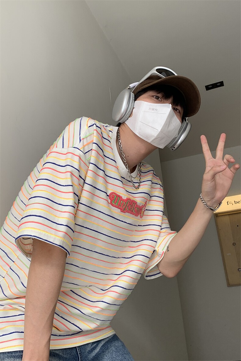 特P35无差价新款夏季时尚条纹绣花潮流短袖T恤-UF3T2003港风,男装T恤,电商A003