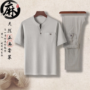 长年现货夏男中老年风亚麻套装中年短袖T恤套装棉麻长裤图片