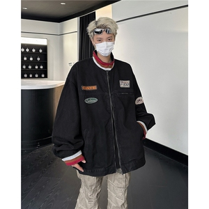 复古做旧情侣牛仔外套男春季贴布机车赛车服夹克上衣JK8945/P80图片