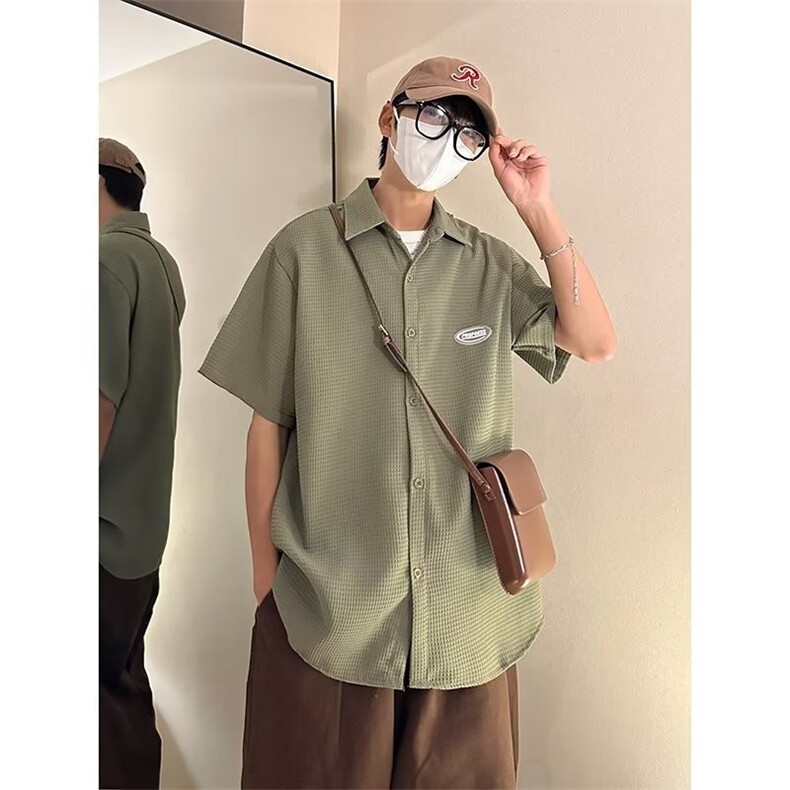 复古衬衫男短袖夏港风宽松小众设计感趣味新款男装上衣送项链C659,男装衬衫,星座1013
