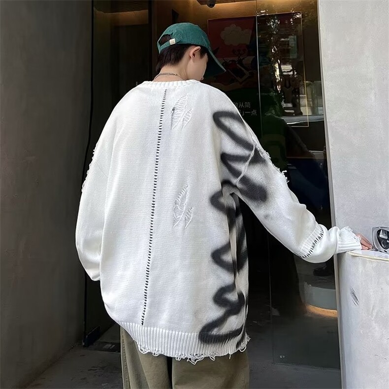破洞针织衫男涂鸦韩版潮流2024冬季新款ins宽松毛衣MZ595X-P48,男装针织衫/毛衣,星座412-3