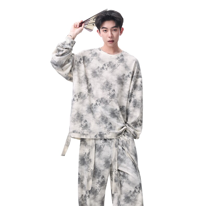 时尚山水印花飘带设计休闲运动套装情侣百搭卫衣长裤TZ820-P68，男装休闲套装，电商A006