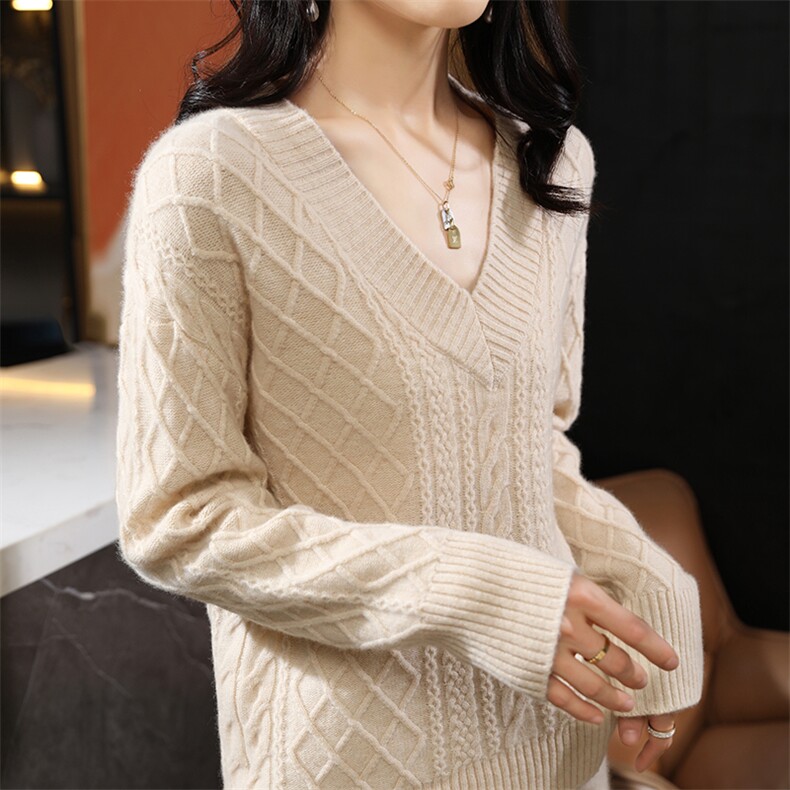 七针扭花加厚V领毛衣针织打底衫100羊毛衫24春秋冬套头上衣，女装羊毛衫，盛鼎羊绒