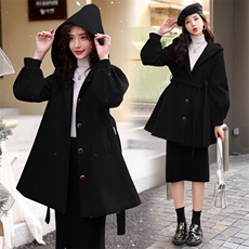 冬季单排扣连帽纯色简约时尚减零斗篷小个子加棉保暖外套送腰带，女装双面呢大衣，韩美纤衣