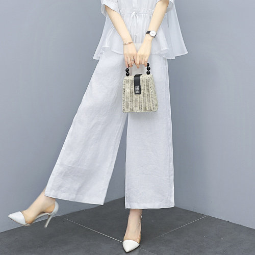 时尚衬衣套装女夏2025新款夏装韩版宽松显瘦气质棉麻两件套阔腿裤,女装套装/套裙,水衣源