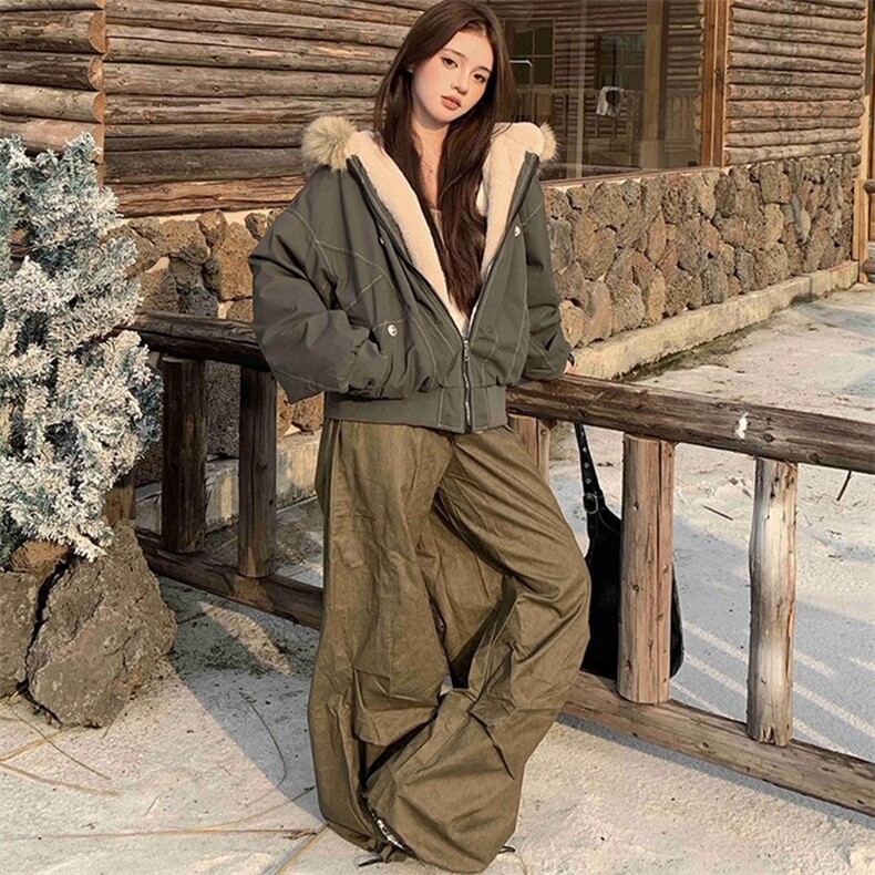 现货重磅boxy短款棉衣座山雕大毛毛领男女棉服水洗工装厚外套，男装棉衣，电商A486-1