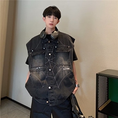 美式高街小众水洗蜘蛛刺绣坎肩牛仔马甲背心J3336P63，男装背心/马甲，星座1116-2