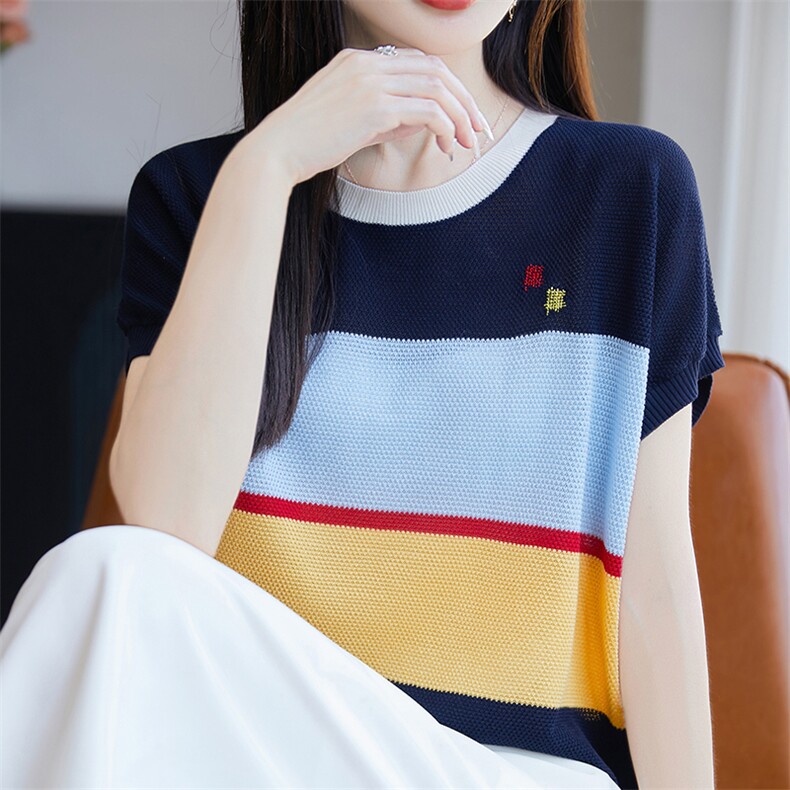 拼色圆领莱赛尔天丝针织短袖T恤女夏季刺绣薄款上衣宽松打底半袖,针织衫/毛衣,唐诺