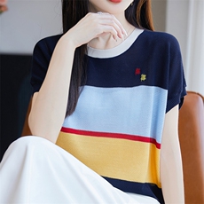 拼色圆领莱赛尔天丝针织短袖T恤女夏季刺绣薄款上衣宽松打底半袖，女装针织衫/毛衣，唐诺