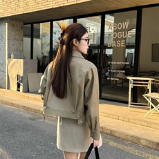 港式复古翻领时尚皮衣女短款2025春新款立领机车服韩系小个子上衣，女装皮衣，2C229