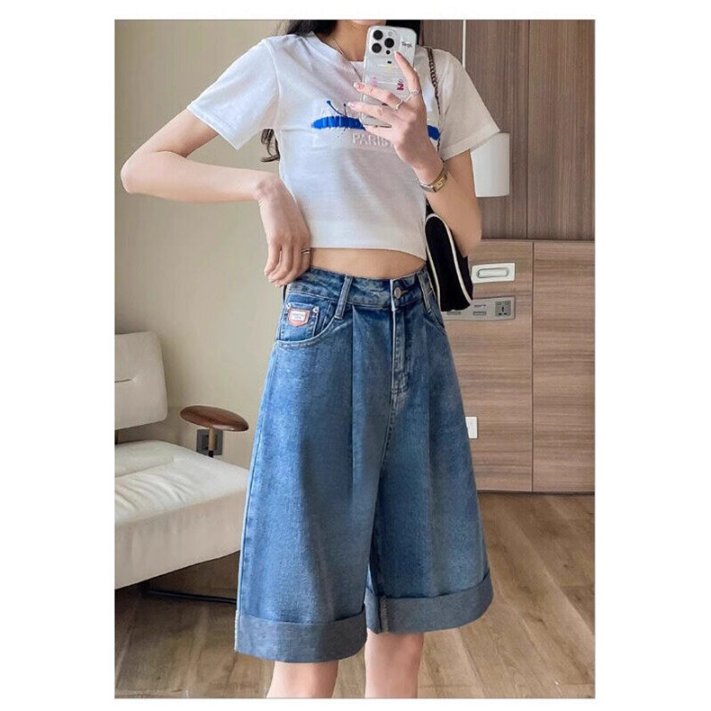 牛仔短裤女春季2025年新款高腰卷边宽松a字阔腿五分中裤，女装牛仔裤，星座506A