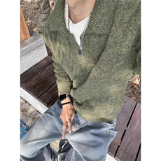 军绿色假两件麻花毛衣男冬季慵懒松弛感毛线衣软糯内搭v领针织衫，男装针织衫/毛衣，星座506A