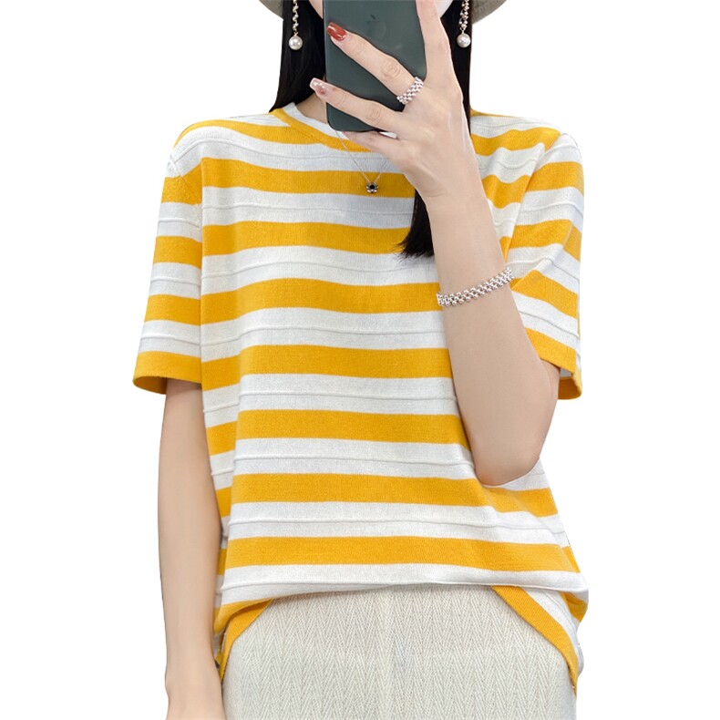 撞色条纹100%纯棉T恤女薄款圆领短袖夏季新款宽松慵懒风半袖打底,针织衫/毛衣,郡淞羊绒