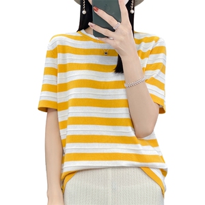 撞色条纹100%纯棉T恤女薄款圆领短袖夏季新款宽松慵懒风半袖打底图片