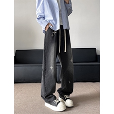 新款牛仔裤男美式高街vibe宽松直筒潮牌宽松长裤子NZ769-P43，男装牛仔裤，星座308B-1