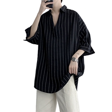 条纹衬衫男短袖夏季薄款痞帅港风上衣服2025新款宽松潮牌潮流外套，男装T恤，电商A177