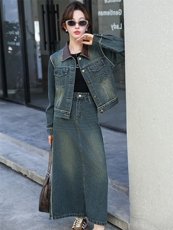 潮牌复古时尚牛仔套装女2024春秋新款洋气炸街短外套阔腿裤两件套，女装套装/套裙，美拉德工厂直营店