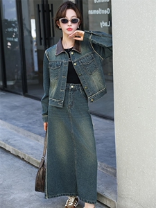 潮牌复古时尚牛仔套装女2024春秋新款洋气炸街短外套阔腿裤两件套图片