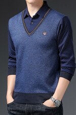 假两件长袖t恤男春秋季新款打底衫上衣中年男士商务休闲翻领卫衣，男装卫衣，电商B212（原钱塘6029）