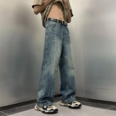 设计感美式高街阔腿直筒牛仔裤男宽松美式复古长裤潮NK2216-P45，男装牛仔裤，星座1008-1