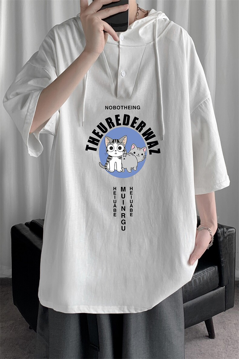 LD54160-P45 连帽短袖t恤男大码胖子带帽五分袖中袖图片