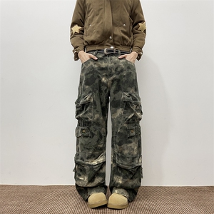 美式复古多口袋迷彩裤潮流休闲设计感宽松牛仔裤图片