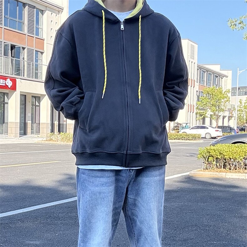 抖音得物二开美式高街重磅结构双层撞色连帽卫衣开衫外套W116,男装卫衣,电商A486