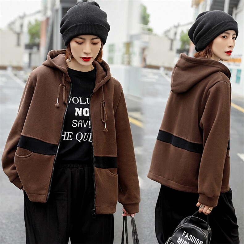 2020冬装新款时尚加绒连帽卫衣开衫外套，女装卫衣/绒衫，深水步