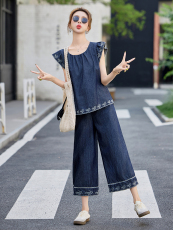 现货！夏季新款套装女2025时尚气质优雅减龄牛仔刺绣两件套装，女装套装/套裙，涵墨