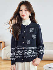 2025早秋新款费尔岛风提花针织开衫圆领保暖毛衣小外套女，女装短外套，时尚风爆