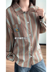 图日系复古潮牌条纹长袖衬衫男女生港风宽松衬衣秋季外套P45，男装衬衫，电商C306-1
