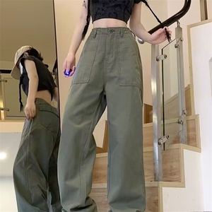 美式高街口袋皱褶工装裤男女做旧复古青少年阔腿裤子A895/P52图片