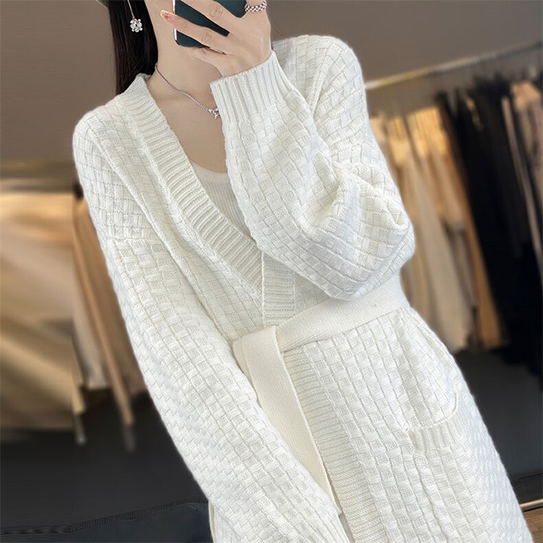 V领提花中长款100%纯羊毛开衫女系带腰带外套毛衣宽松羊绒衫外搭,女装羊毛衫,琳华羊绒