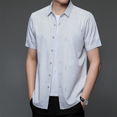 2024新款短袖衬衫男秋季条纹免烫寸衫中年薄款商务休闲上衣服P65，男装衬衫，钱塘6003A(原)4033A