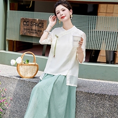 新中式套装女2025新款夏季民族风优雅宽松显瘦小衫阔腿裤两件套潮，女装套装/套裙，芷墨服饰