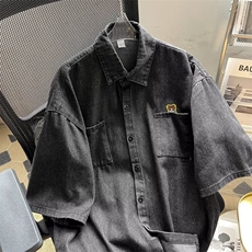 夏季短袖牛仔衬衫男ins潮牌港风日系小众设计感休闲宽松半袖外套，男装衬衫，星座601-2