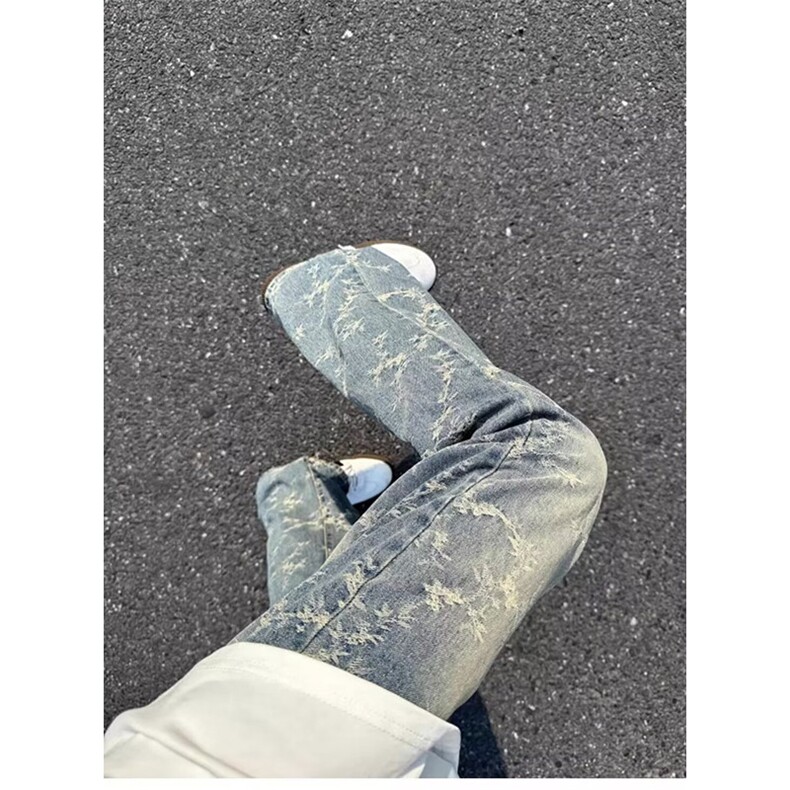 美式复古浅蓝色提花牛仔裤男春秋时尚痞帅裤子微喇直筒裤NK1052,男装牛仔裤,星座1116A（原606A-3）