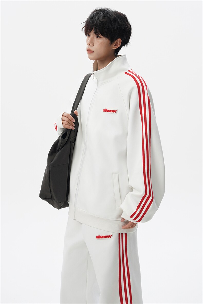8XL-M条纹撞色开衫新年红卫衣运动套装潮牌运动服校园风TZ114P118,男装休闲套装,电商D206-1