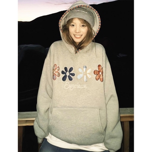 撞色花朵刺绣连帽卫衣女宽松型慵懒休闲套头上衣 WY13图片