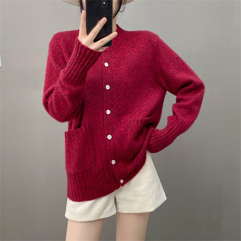 重磅加厚！花纱山羊绒针织开衫女红色圆领宽松毛衣外套羊毛秋冬，女装羊绒衫，织绒羊