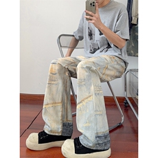 B221美式ins高街暗黑宽松直筒3D印花牛仔裤LK25441-特P50控88，男装牛仔裤，电商B221