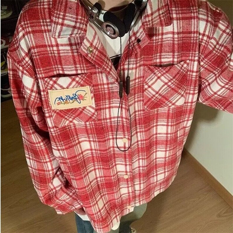 美式高街拼色设计感复古格子长袖衬衫秋季男女宽松潮流帅气外套男图片