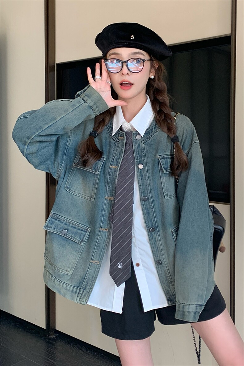 港风复古牛仔外套女2024春秋新款设计感宽松休闲工装圆领夹克上衣,女装牛仔外套,纯色衣恋
